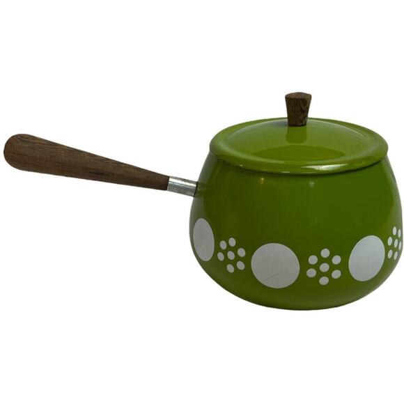 Mid Century Modern Green Circle Enamel Fondue Sauce Pot with Wood Handle & Lid - Picture 3 of 12